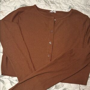 Cotton On Ribbed Button-Front Long Sleeve Top - Chestnut Brown